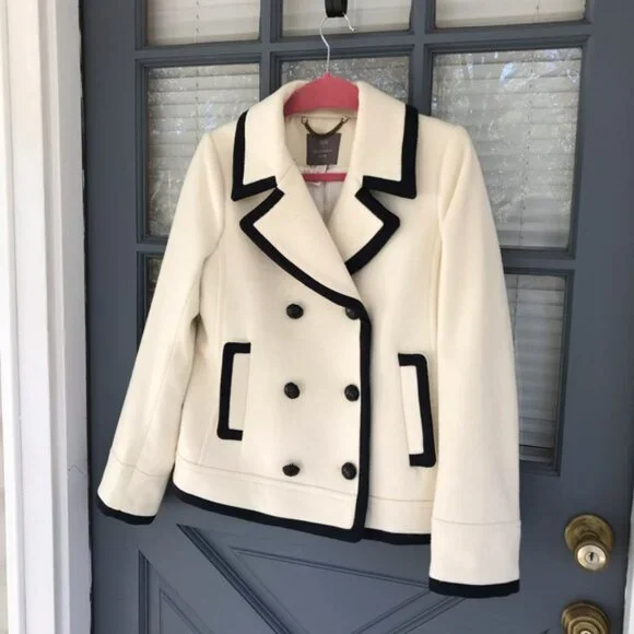 J. Crew Nello Gori Cream Black Double Breasted Wool Peacoat Jacket Blazer Size 8 - Picture 4 of 9